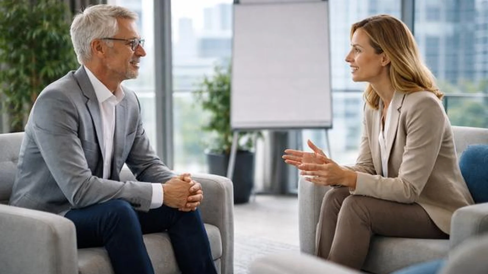 Two professionals in a coaching conversation in an office setting.